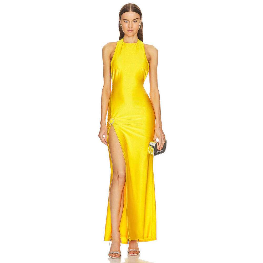 Khanums X Revolve Backless Gown Sunshine Yellow Satin Embellished S NWT  $455